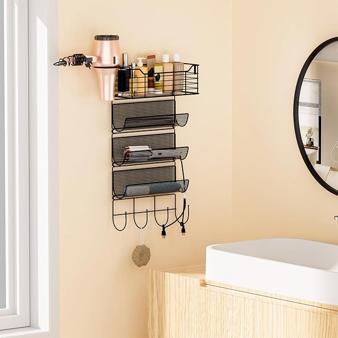 VITVITI Metal Hair Tool Organizer Wall Mount, Hair Dryer Holder with 4 Tier Shelf Basket Hooks, Bathroom Styling Tool Organizer for Curling Iron/Blow Dryer/Straightener, Matte Black
