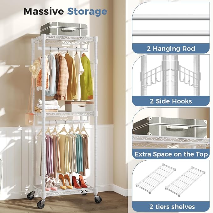 OLIXIS Clothes Rack Heavy Duty Adjustable Garment Clothing Rack with Wheels, Rolling Metal Freestanding Closet Organizer for Hanging Clothes with 2 Side Hooks, Double Rods, 23.6"x15.7"x74.4", White