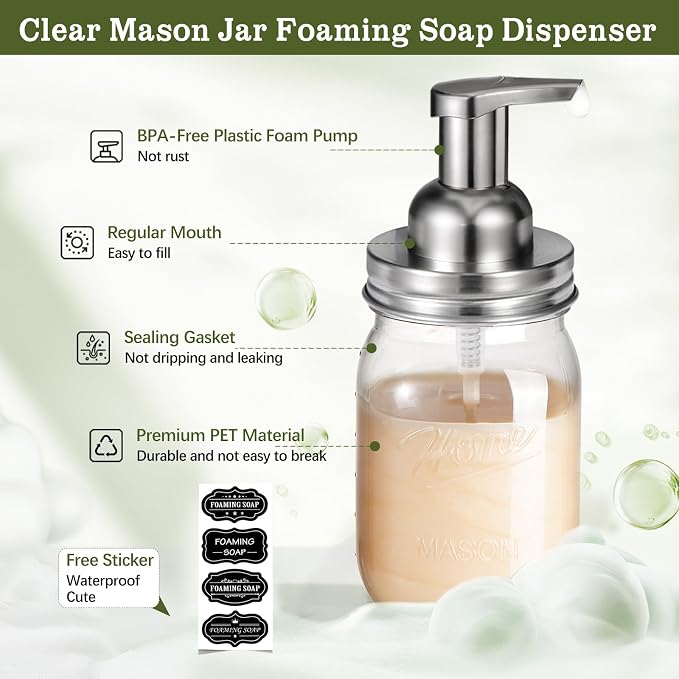 Amolliar Plastic Mason Jar Foaming Soap Dispenser with Pump Lid,16OZ Refillable Hand Soap Dispenser Set with Cute Lables - Farmhouse Decor for Kitchen/Bathroom, Lotion Dish Soap (2 Pack, Silver)