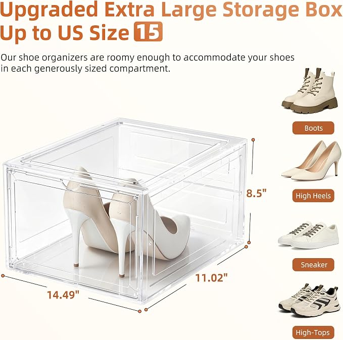 KEFA XL Shoe Storage Box Organizer, 8 Pack Shoe Boxes Clear Plastic Stackable, Sneaker Display Case Container Fit for US 15 (Drop 8 PACK CLEAR)