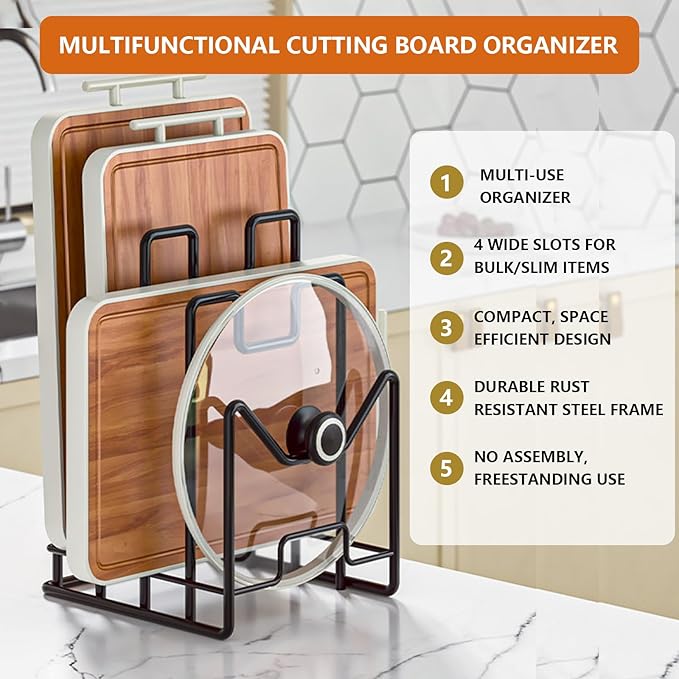 Multifunctional Cutting Board Organizer, Cutting Board Holder Rack Baking Cookie Pan Sheets Cooling Racks Storage Stand for Kitchen Cabinet -Divided Holder with 4 Slots (2PS Black)