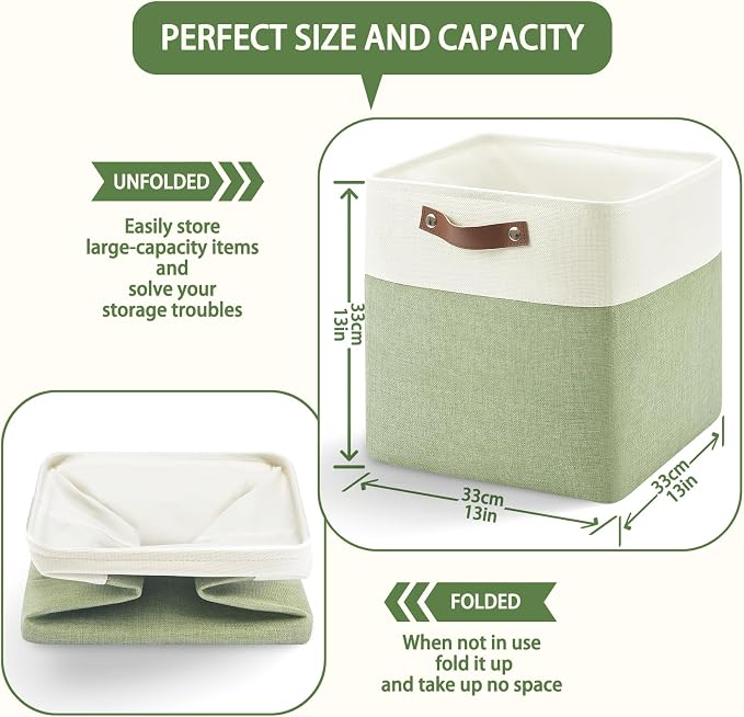 Patvingot Fabric Storage Cubes 13", 4 Pack, with PU Pull Handles,Foldable | For accessories on cube shelves or in closets; reinforced opening, pull-out access, folds flat when empty,white and green