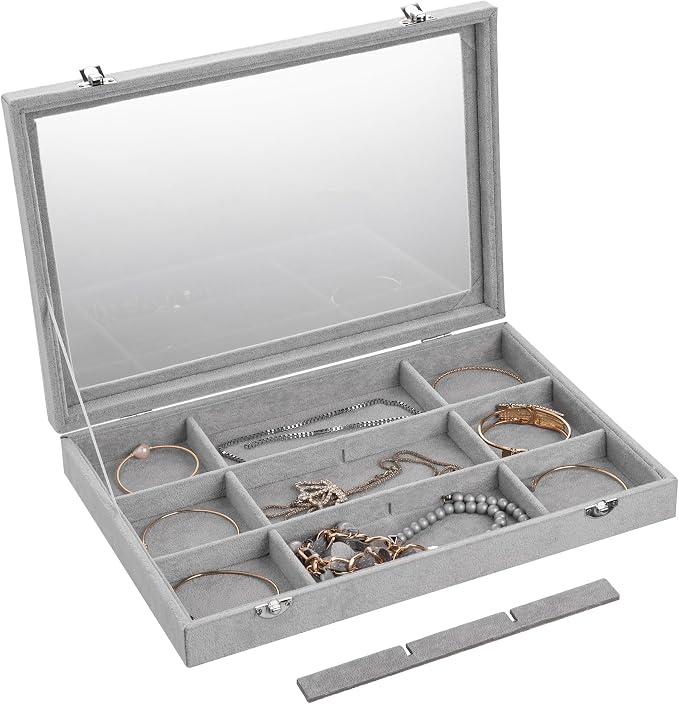 Frebeauty 12 Grid Bracelet Holder Box,Velvet Jewelry Tray with Clear Lid | Real Glass Lid,Bracelet Display,Jewelry Organizer for Bangle Brooch,Adjustable Divider,Dustproof Design,13.8×9.5Inches