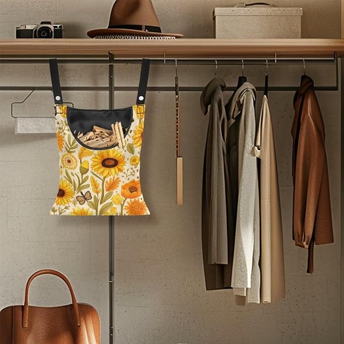 Sunflower Clothespin Organizer Bag Fashion Clothespin Storage Organizer with Large Opening Rotatable Clothespin Storage Bag Laundry Clothespin Bags, Clothespin Storage Hanger Bag