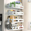 Sevenblue 4-Pack Magnetic Spice Rack for Refrigerator with Hooks, White | Strong multipurpose magnetic shelf for kitchen & bathroom organization. Includes 4 removable hooks for hanging items.