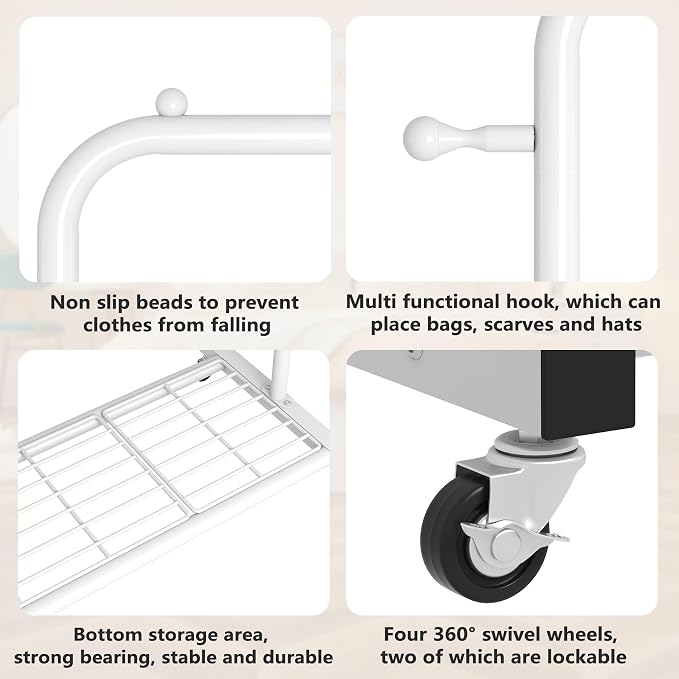 Sywhitta Clothing Rack on Wheels with Mesh Storage Shelf & Sturdy Metal Frame, Rolling Garment Rack for Hanging Clothes, Coats, Skirts, 39.76" L x 16" W x 64.56" H,White