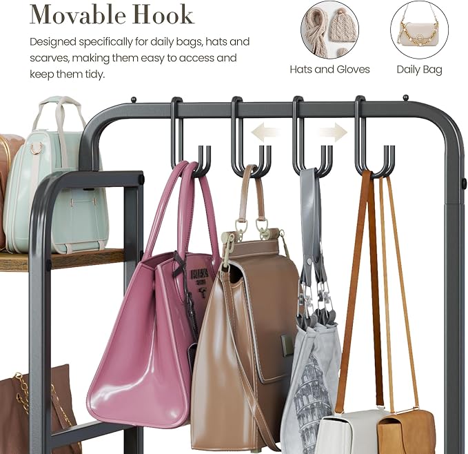Purse Organizer for Closet, with Bottom Drawer, Extra Large Capacity 3 Tier Handbag Storage Rack for Women, 10 Purse Hanger and Hooks for Bag Organizer, Floor-Standing, Home, Living Room (Black)