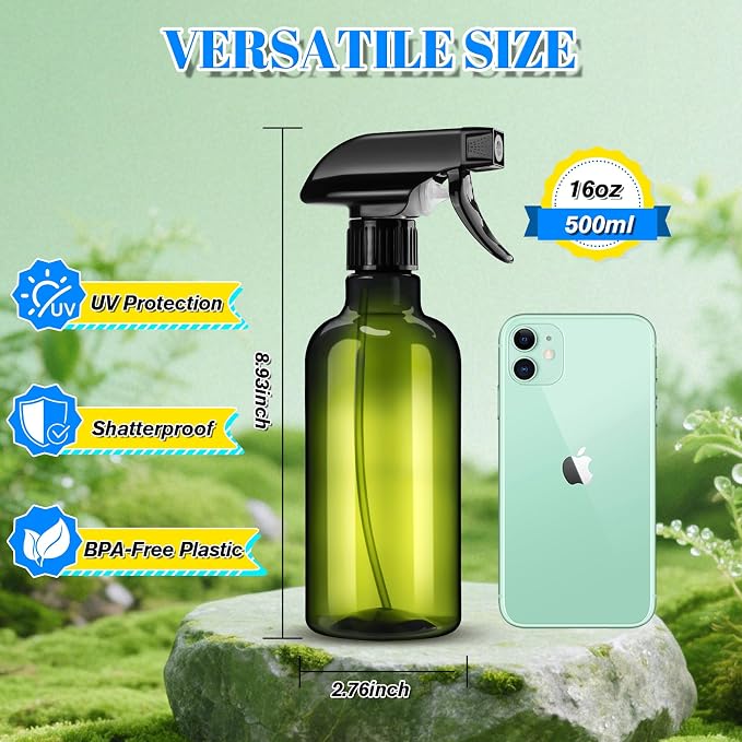 DIYSELF 2 Pack Spray Bottles for Hair, Plants and Pets, 16 oz, Green | Reusable plastic spray bottles for water, cleaning liquids, home, garden and laboratory applications