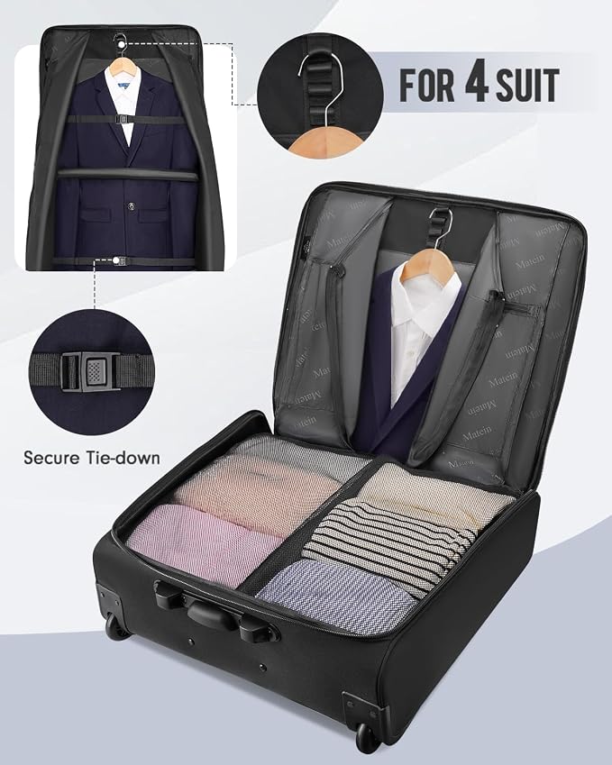 MATEIN Rolling Garment Bag with 2 Packing Cubes, Large Travel Garment Bags | Check-in Luggage, 17.3 Inch Laptop Compartment, Wrinkle Free, Wheeled Business Softside Suitcase, For Men and Women, Black