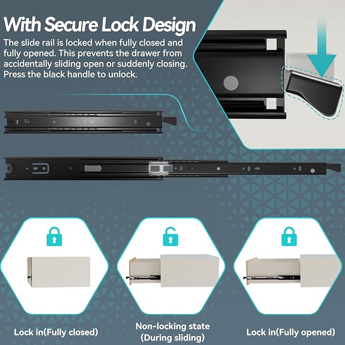 1 Pair Locking Full Extension Ball Bearing Drawer Slides 12 14 16 18 20 22 24 Inch 100 LB Load Capacity Side Mount File Cabinet Rails Dresser Runner Trash Can Kitchen (12 inch, Black)