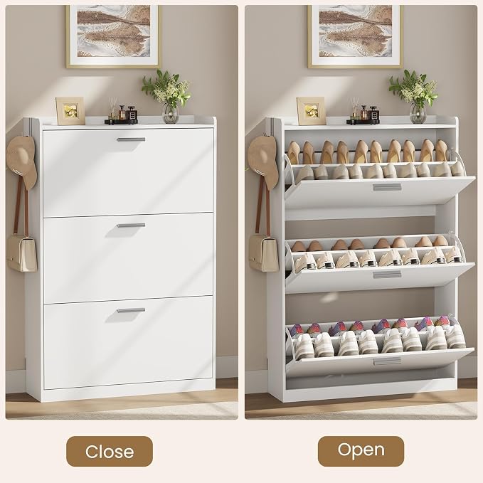 Shoe Cabinet Organizer with 3 Flip Drawers, Freestanding Shoe Storage Cabinet, Adjustable and Removable Dividers, 31.5"W x 8.7"D x 47.2"H Narrow Shoe Rack for Entryway, Foyer, Hallway, White