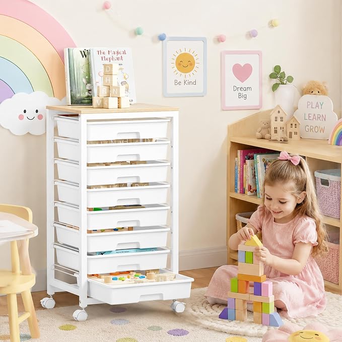 SYKIARIOL Rolling Cart with Drawers,8 Drawer Rolling Cart,Rolling Drawer Cart,Rolling Storage Drawer Cart,White Rolling Cart,Utility Cart with Drawers and Wooden Tabletop