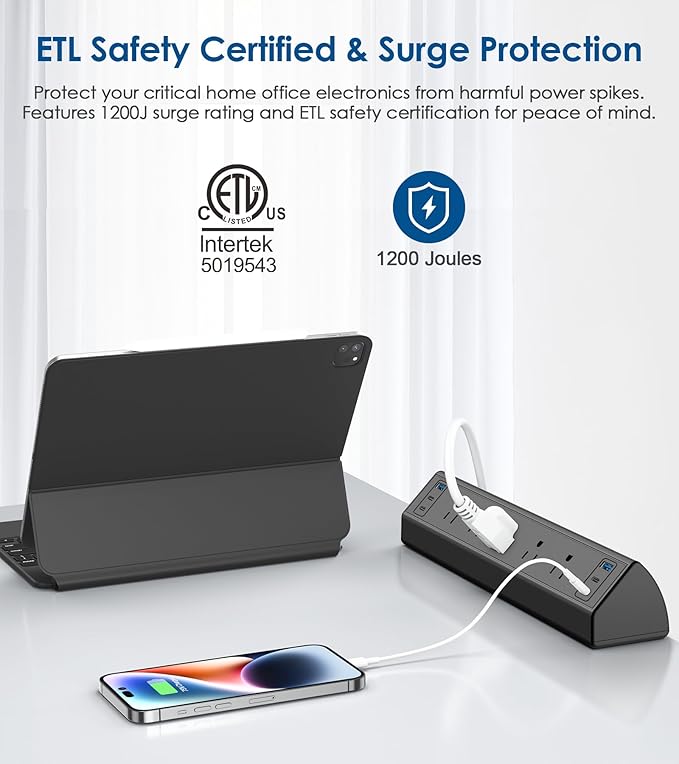 Jgstkcity Desk Clamp Power Strip USB C,40W Total Fast Charging Station,4 PD 20W USB C Ports,Desk Edge Mount Surge Protector,5 Outlets,Fit 1.96" Tabletop Edge,ETL Listed | 1200J,Total 40W Charging Hub,5 Outlets & 6 USB, 6FT Extension Cord, Fits 1.96" De...
