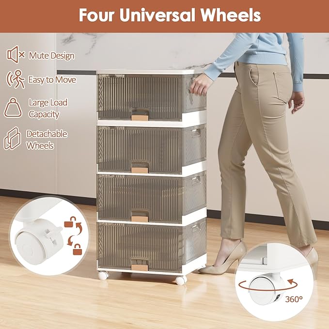 Giantex 4 Tier Stackable Storage Bins with Lids, 18 GalFoldable Shoe Storage Box with Detachable Wheels & Flip-Up Doors, Collapsible Closet Organizers and Storage Bins
