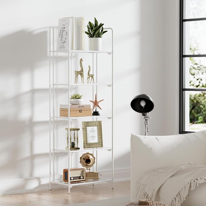 Crofy 5-Tier Foldable Bookshelf, White Frame & Transparent Shelves | No-Assembly Collapsible Portable Storage Organizer; Sturdy Transparent Shelves; Ideal for Living Room & Home Office