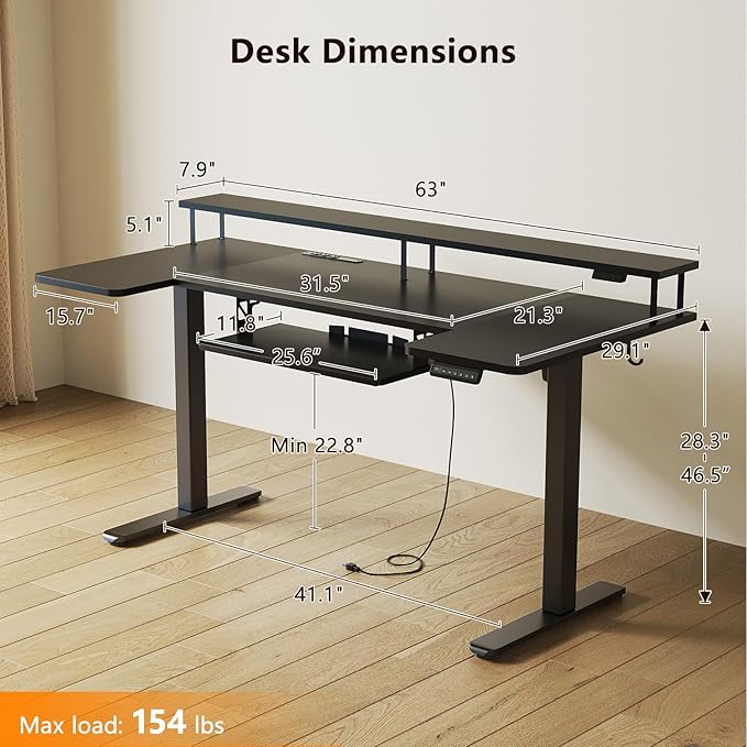 OffiGo 63 Inch U Shaped Electric Standing Desk with Keyboard Tray, Black | 3 Outlets & 2 USB Ports, Dual-Monitor Stand, 10 Colors & 10 LED Modes, 3 Presets, 28.3"-46.5"in Range, 154 lb Capacity