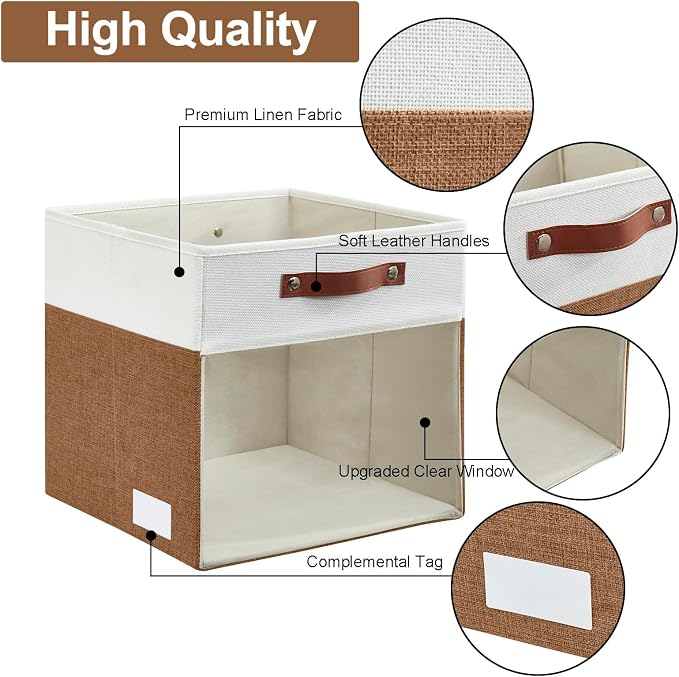 Bagnizer Storage Cubes, 4 Pack Linen Foldable Storage Bins with Clear Window and 2 Handles, 13x15x13 Storage Cube Bins for Shelf Closet, Kallax, Clothes, Books - (Brown / Off-White)