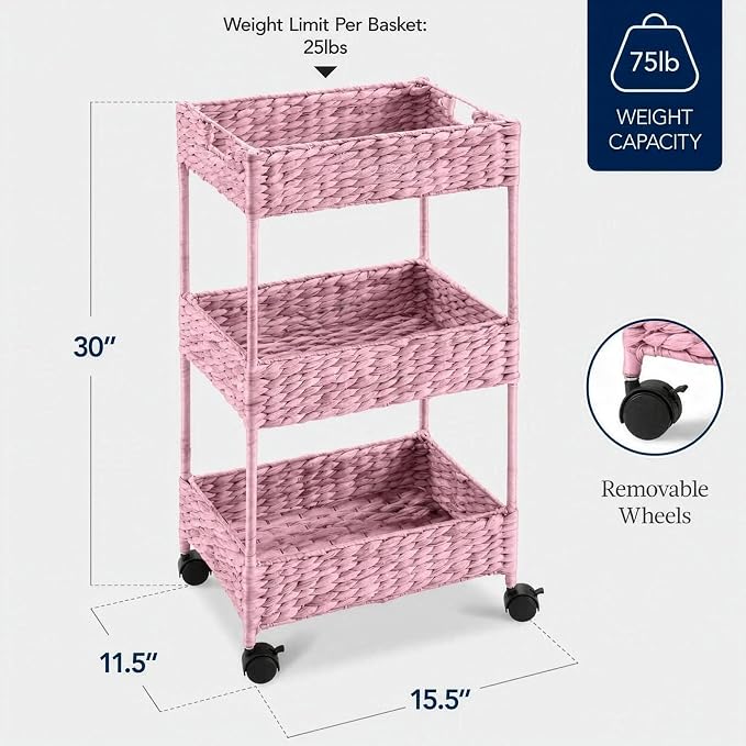 Best Choice Products 3-Tier Water Hyacinth Rolling Nursery Caddy w/Wheels, Utility Cart, Storage Organization for Bathroom, Craft Room, Laundry Room - Pink