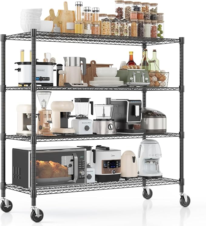 Xcity Storage Shelves, 4 Tier Heavy Duty Metal Shelving Unit with Wheels, 1600 LBS Adjustable Steel Wire Shelf for Commercial, Pantry, Kitchen, Garage, 18" D x 36" W x 60" H, Black