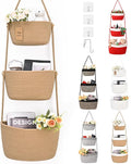 Hanging Basket, 3-Tier Woven Wall Basket with 4 Hooks, Cotton Rope Storage Baskets, Over the Door Organizer for Nursery, Bedroom, Cottage and Boho Wall Decor
