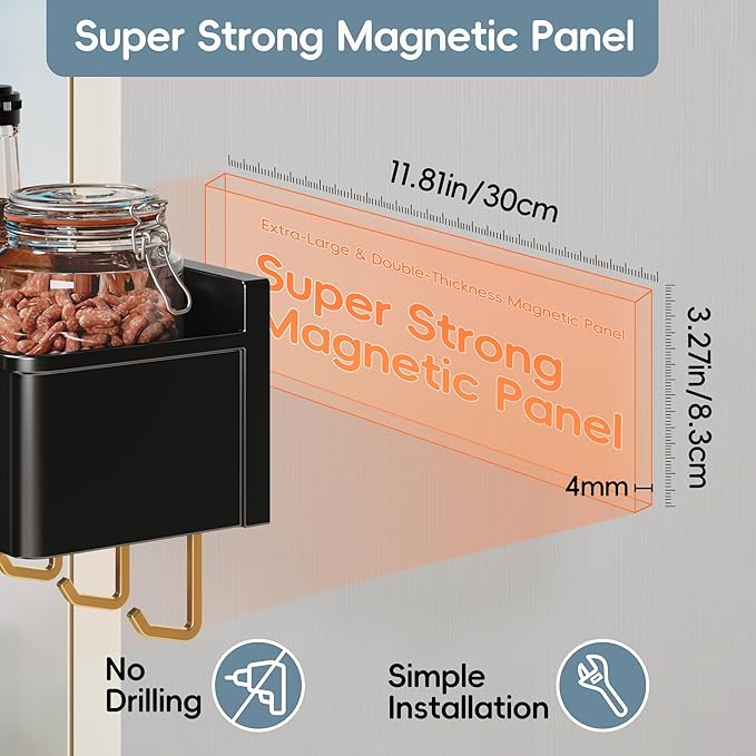 Magnetic Spice Rack for Refrigerator Large Magnet Shelf for Fridge Kitchen Organizer and Storage with 5 Removable Golden Hooks