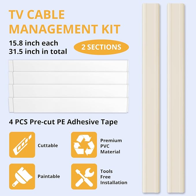 ZhiYo TV Cord Cover for Wall, 32 inch Cable Concealer, Cord Hider for Wall Mounted TV, Paintable Cable Cover to Hide Wires, Beige Wire Raceway Kit, 2X L15.8in W1.5in H0.75in
