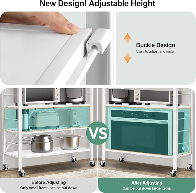 Himix 5 Tier Foldable Storage Shelves, Expandable Folding Pantry Shelf with Wheels, Changeable into 2 Shelf Units, Collapsible Storage Rack Metal Shelves for Kitchen, Room, Garage, White