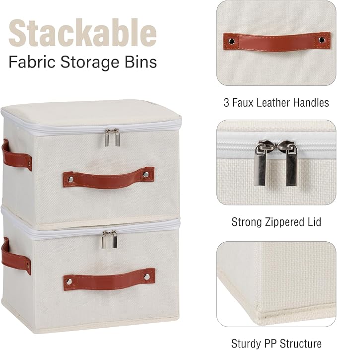3PCS Storage Bins Boxes with Zippered Lids Cotton Linen Fabric Decorative Basket PU Leather Handles PP Plastic Board Foldable Lidded Clothing Shelf Closet Organizer Container (Beige, Small)