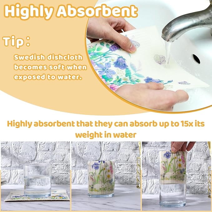 Needbrock 6 Pack Spring Floral Swedish Dishcloths for Kitchen, Absorbent Dish Cloths Swedish Rags Dish Towels with Adhesive Clips, Reusable Paper Towels No Odor for Cleaning Sink Kitchen
