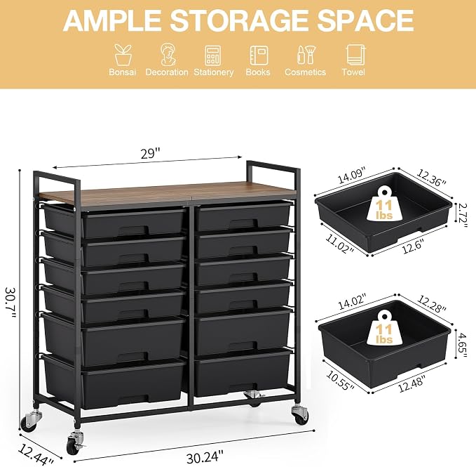 Rolling Storage Cart with 12 Drawers, Wooden Tabletop Utility Cart for Craft Storage, Art Supply Storage & Home Office Organization, Teacher Cart with Wheels for Classroom, School (Black)