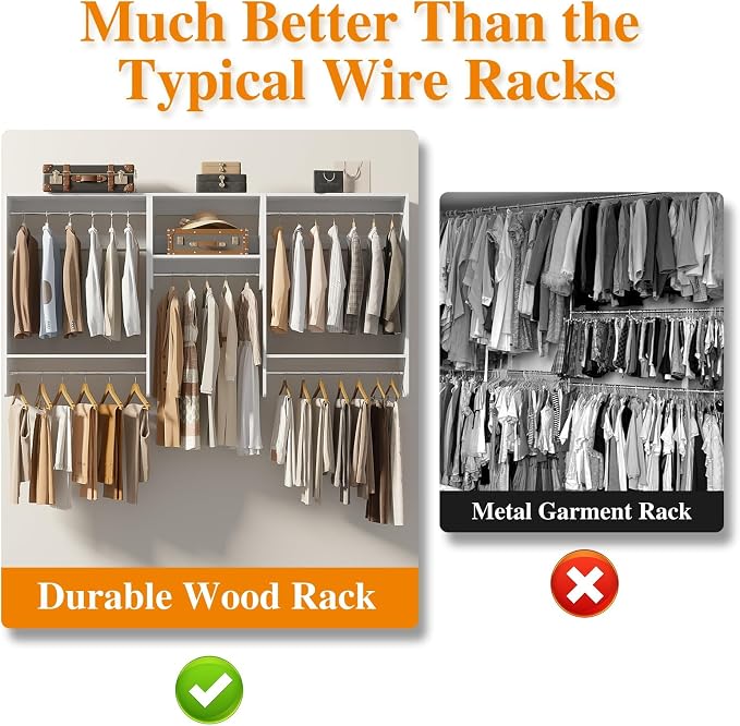 Unikito 36” - 96” Closet System, 8FT Walk in Closet Organizer Starter Kit with 5 Hanging Rods and 3 Shelves, Heavy Duty Reversible Wood Clothing Racks, Cut Be Cut to Fit, Max Load 1200 LBS, White