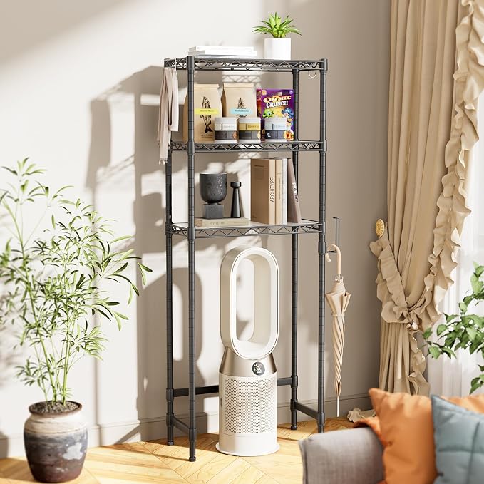 Over The Toilet Storage Shelf 3-Tier Bathroom Organizer and Storage Shelf | with Adjustable Shelf and Basket Freestanding Space Saver Above Toilet for Room Black