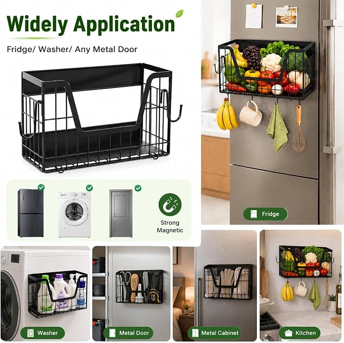 UFORU 2 Set Magnetic Shelf for Fridge, Magnetic Fruit Basket for Refrigerator, Potato Onion Storage Bins with Strong Magnets, Fridge Magnetic Spice Rack for Pantry Kitchen Counter Laundry Room, Black