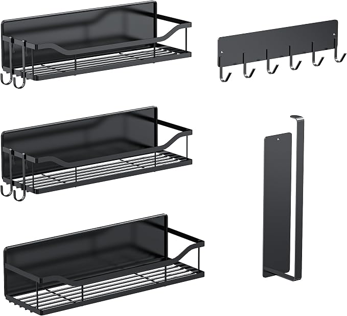 Magnetic Spice Rack,Multifunctional Magnetic Shelf for Washing Machine,Refrigerator,Microwave,and Any Metal Surface,Powerful Magnetic Shelves Include Magnetic Paper Towel Holder (5 pcs - Black)