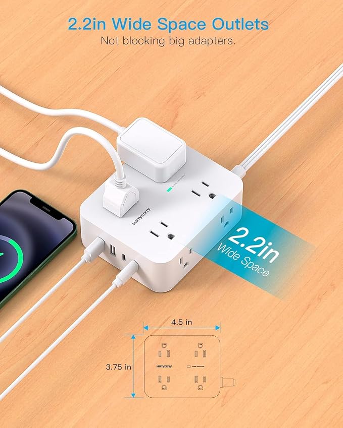 Surge Protector Power Strip, HANYCONY Extension Cord with Multiple Outlets, 5 Ft Ultra Thin Flat Plug 8 Outlets 4 USB Ports(2USB C), 1080J Outlet Extender for Home Office College Dorm Room Essentials | 5 Ft Ultra Thin Flat Plug 8 Outlets 4 USB Ports(2U...