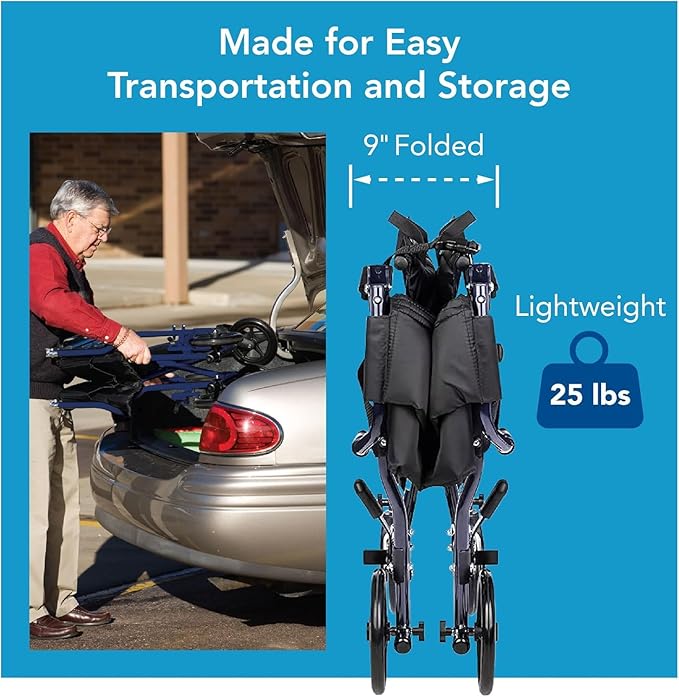 Carex Transport Wheelchair with Cushion, 19 inch Seat - Folding Transport Chair with Foot Rests