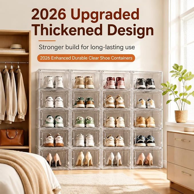 Clear Shoe Storage Box, 2026 2nd Gen Thickened Hard Plastic Stackable Organizer with Magnetic Door, Folding Shoe Rack for Closet, Large Sneaker Display Case for Sneakers and Ankle Boots,1 Pack