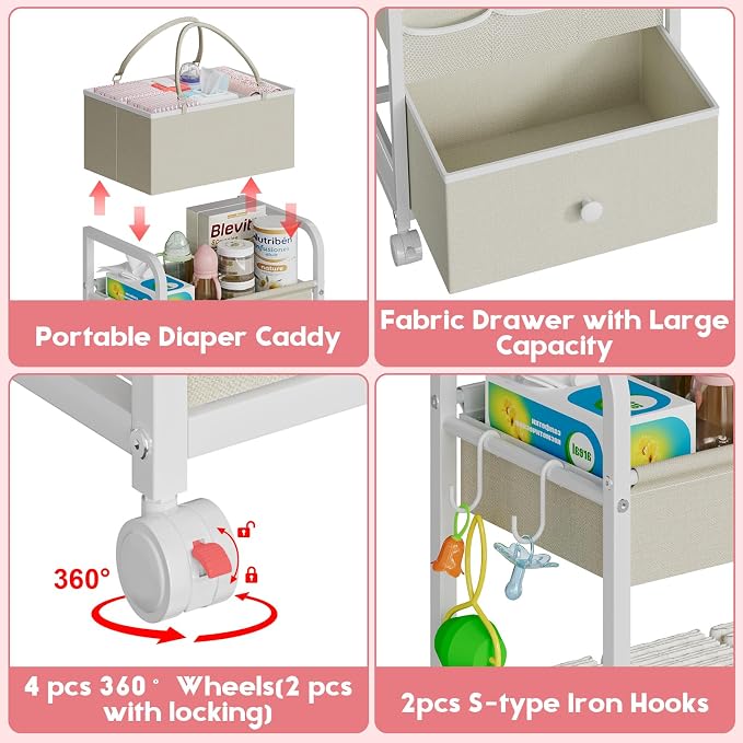 Cidaziya 2In1 Baby Diaper Caddy Organizer and Storage, 3 Tier Rolling Cart with Drawer, Detachable Dividers, Mobile Utility Cart Baby Dresser Clothes Organizer for Baby Essentials, Bedroom, Nursery