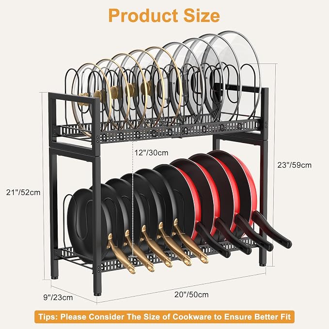 Housolution 2 Tier Expandable Pot and Pan Lid Organizer Holder Rack | 12"-20" Expandable, Adjustable Dividers, 2 DIY Methods for Flexible Storage