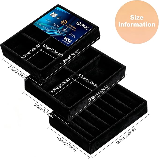 Small 8-Piece Velvet Jewelry Drawer Organizer Inserts Stackable Trays | 4.8in velvet trays with removable dividers, fits jewelry boxes & narrow drawers, stackable for earrings rings makeup storage