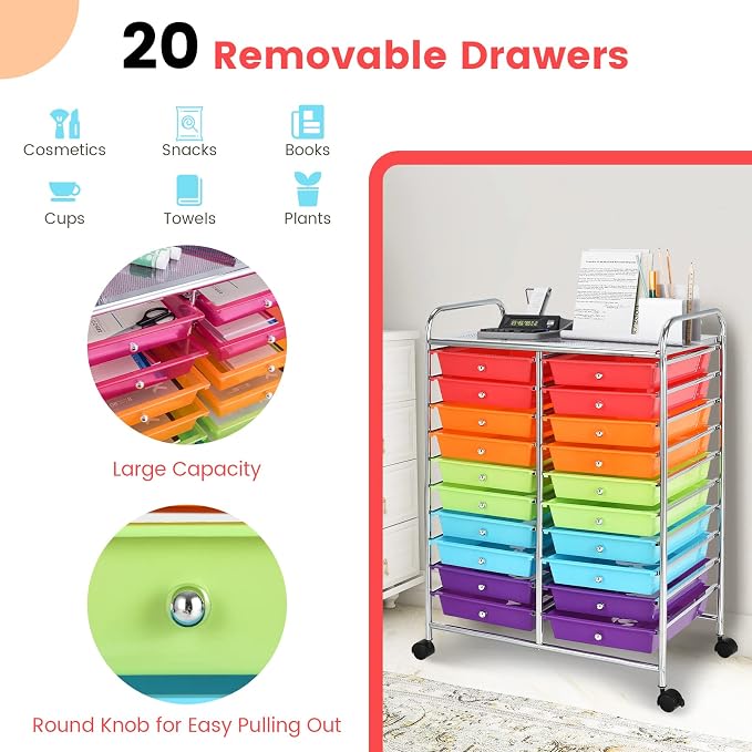 LDAILY 20-Drawer Rolling Storage Cart, Rolling Storage Cart, Storage Organizer on Wheels, Metal Frame, Scrapbook Paper Tools, Suitable for Office School, Classroom (Multicolor, 20 Drawer)