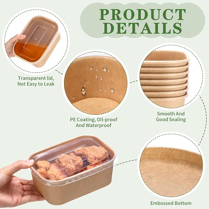 Maxdot 50 Pack 29 oz Disposable Food Containers with Lids Paper Food Containers Bowls for Meal Prep, Salad, Ice Cream, Yogurt, Soup Bowls Party Leftover Box