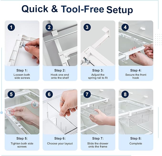 2 Pack Fridge Drawer Organizer Pull-Out Under Shelf Storage Bin | BPA-Free Clear Space-Saving Storage