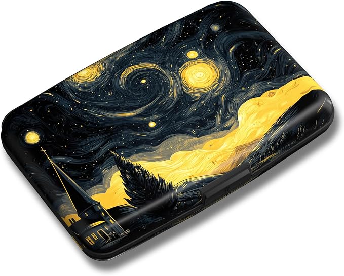 Maicican Credit Card Holder, Mini RFID Blocking Aluminum Wallet | Slim Metal Hard Case Travel Wallet ID Case for Women and Men, 4.3 x 2.9 Inches, Golden Starry Sky