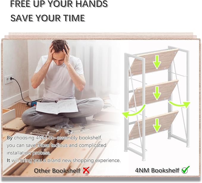 4NM No Assembly Folding Bookshelf Storage Shelves 3 Tiers Vintage Bookcase Standing Racks Study Organizer Home Office (Natural White)