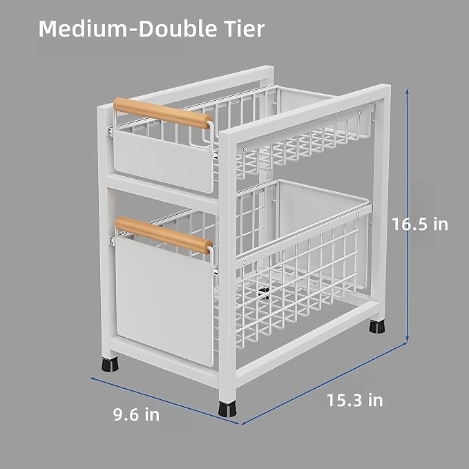 Pull Out Cabinet Organizer, Pull Out Basket Drawers for Cabinets, Slide Out Basket Drawers for Kitchen Cabinets, Under Sink Organizer for Kitchen, Bathroom (White Medium Double-tier)