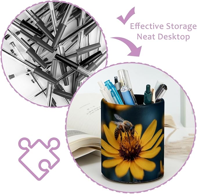 Leather Pen Holder for Desk, Honeybee Pencil Cup Pen Organizer Makeup Brush Holder for Office Home Kids Countertop Desk Accessory Storage