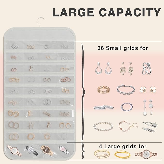Double-Sided Hanging Jewelry Organizer for Necklaces Earrings, 2-Pack White | Foldable 36 hooks & 40 clear pockets; swivel hook fits walls, doors & rods for earrings, bracelets, rings & small jewelry