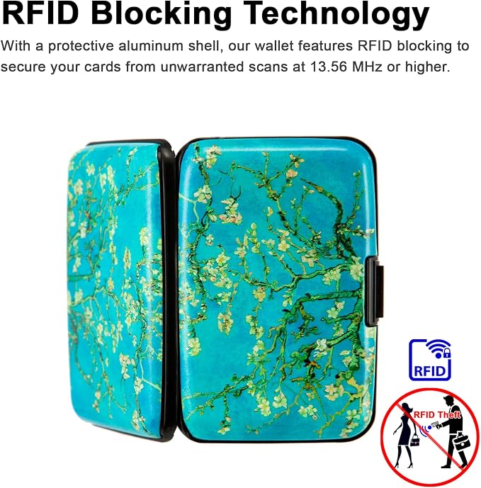 Credit Card Holder, Metal Card Wallet RFID Blocking Mini Slim Aluminum Business Hard Card Case for Women Men (Vincent van Gogh Almond Blossoms)