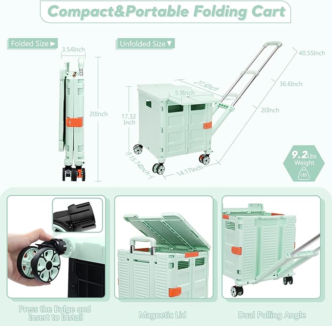 SELORSS Foldable Utility Cart Rolling Crate Handcart Shopping Cart with Rotate Wheels Extended Magnetic Lid Telescoping Handle Adjustable Angle for Transports Groceries Office Teacher File(Green)